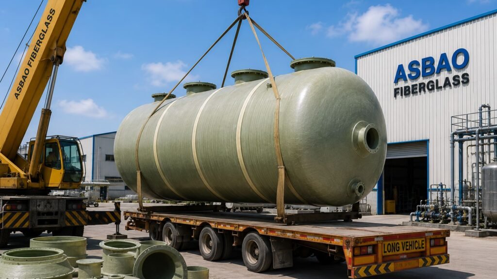 FRP tank price comparison showing large fiberglass reinforced plastic tank being loaded onto a trailer by crane at ASBAO Fiberglass manufacturing facility.