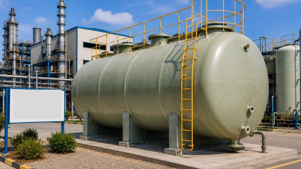 FRP tank price comparison at industrial site showing large fiberglass reinforced plastic storage tank with yellow ladder and chemical plant background.