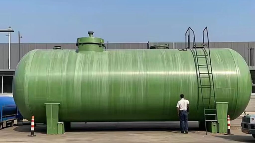 Green FRP storage tank at industrial site with ladder and worker.
