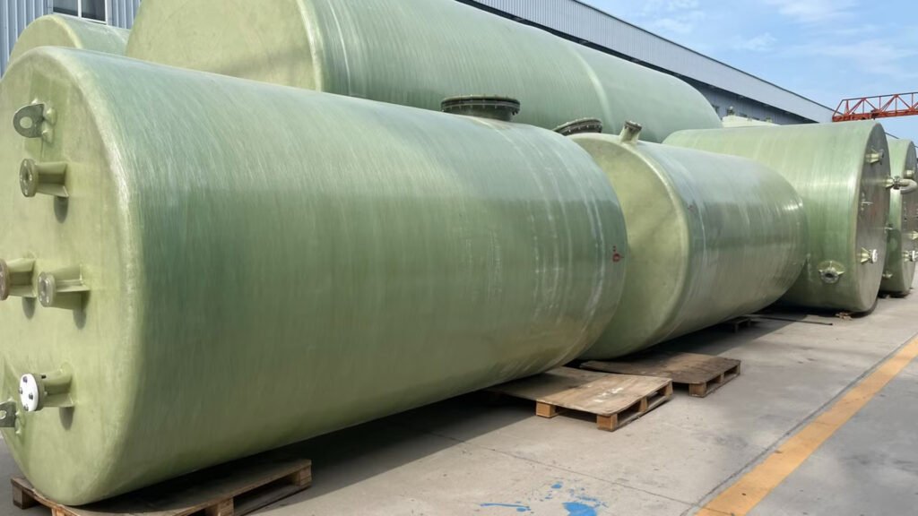 Multiple FRP storage tanks placed outdoors on pallets.