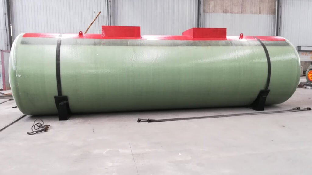 FRP Storage Tank Capacity with large horizontal fiberglass storage tank designed for industrial chemical and liquid storage applications.