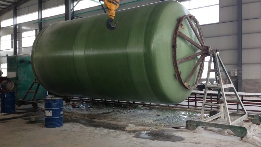 FRP Storage Tank Capacity showcased in a vertical fiberglass reinforced plastic tank manufactured for high-capacity industrial storage solutions.