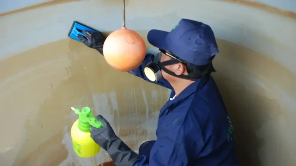 Worker cleaning the inside of a large water storage tank while wearing protective equipment and using cleaning supplies.